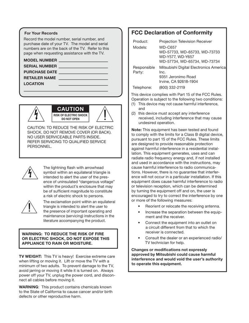 Mitsubishi WD73734 TV Operating Manual