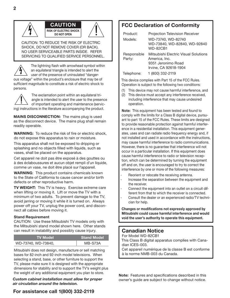 Mitsubishi WD82740 TV Operating Manual