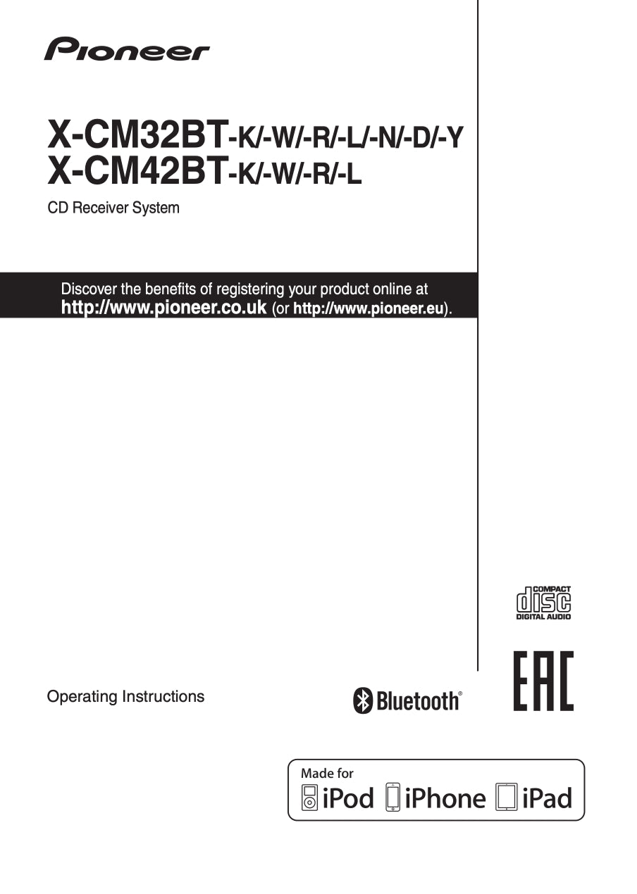 Pioneer X-CM32 BT & X-CM42 CD Player Receiver Owner/ User Manual (Pages: 37)