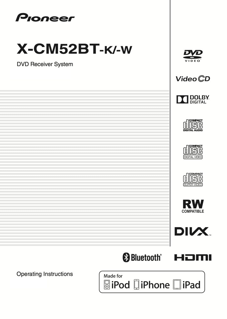 Pioneer X-CM52 BT-K & BT-W DVD Player Receiver Owner/ User Manual (Pages: 44)