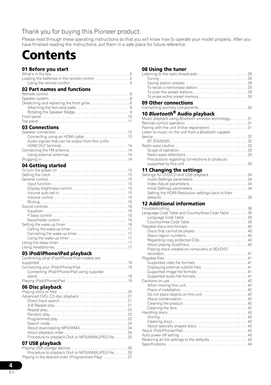Pioneer X-CM52 BT-K & BT-W DVD Player Receiver Owner/ User Manual (Pages: 44)