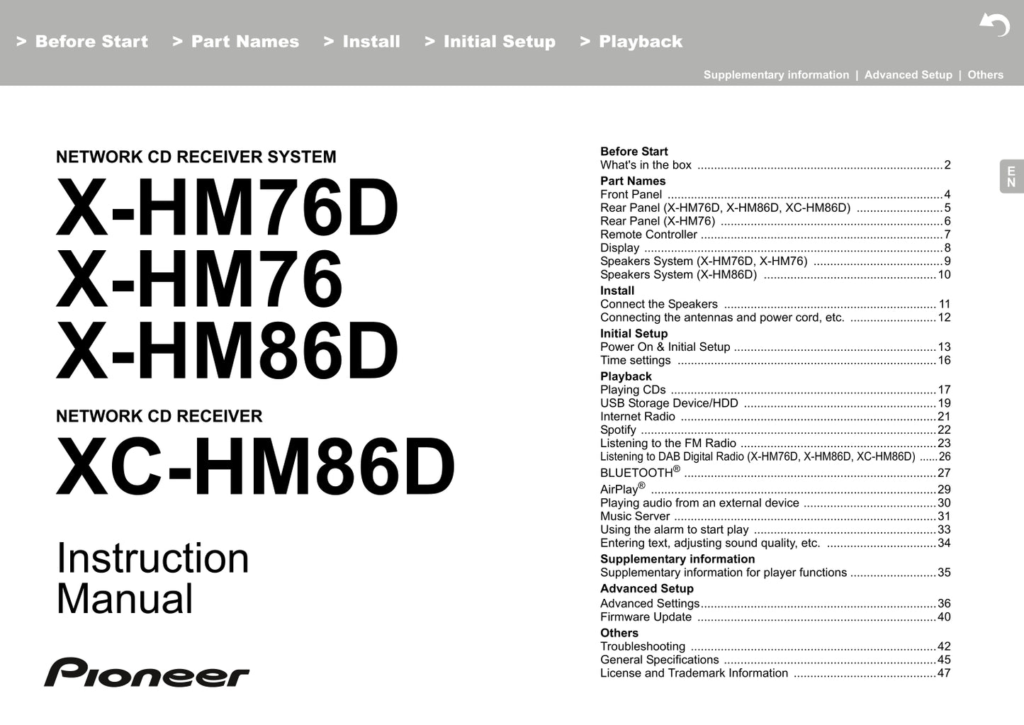 Pioneer X-HM76 & XC-HM86 CD Player Receiver Owner/ User Manual (Pages: 45)