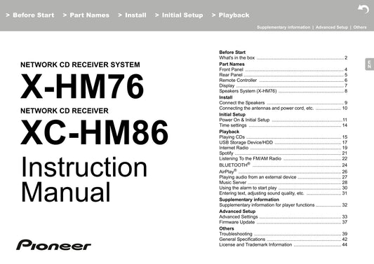 Pioneer X-HM76, X-HM86 D & XC-HM86 CD Player Receiver Owner/ User Manual (Pages: 48)