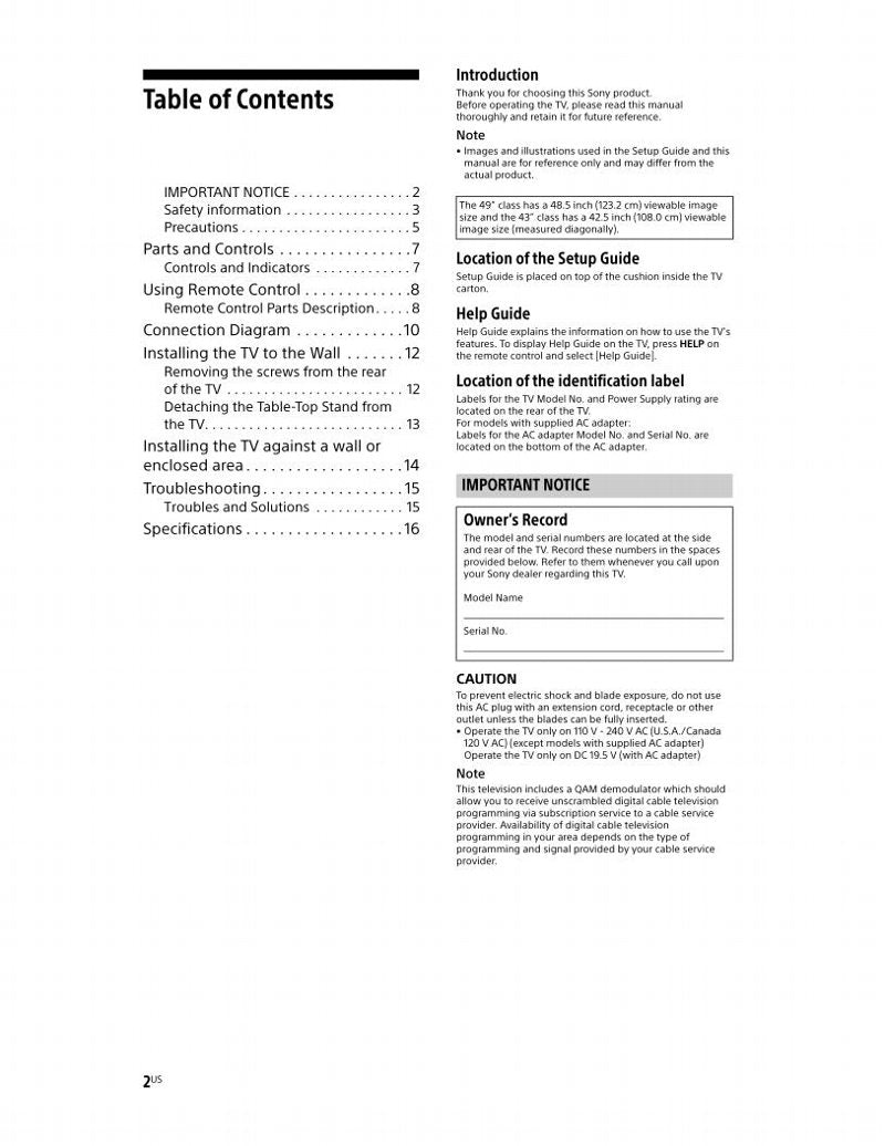 Sony XBR49X800D TV Operating Manual