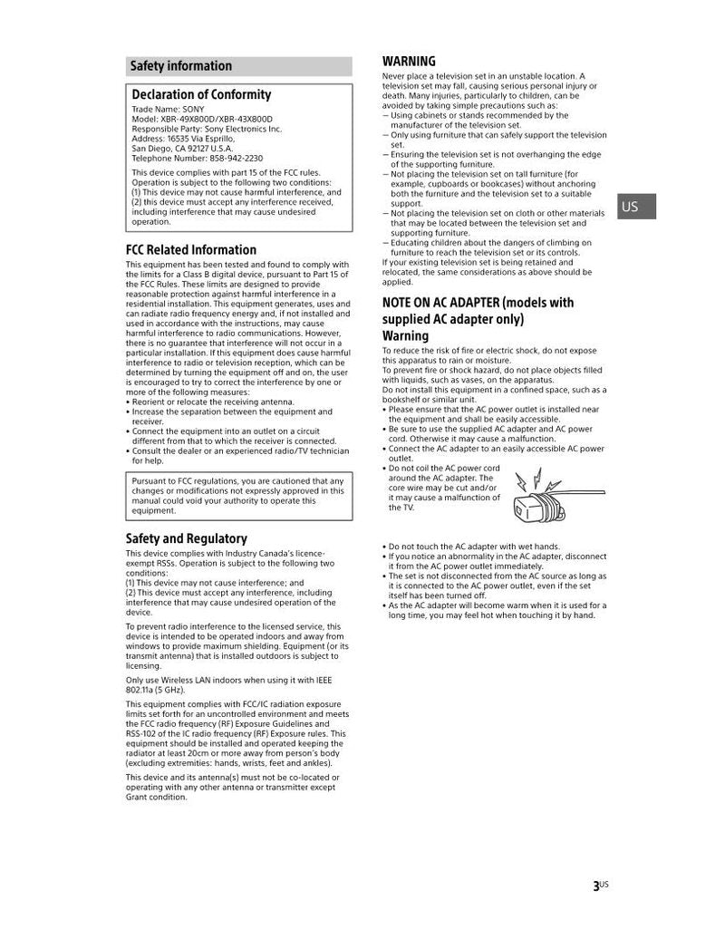 Sony XBR49X800D TV Operating Manual