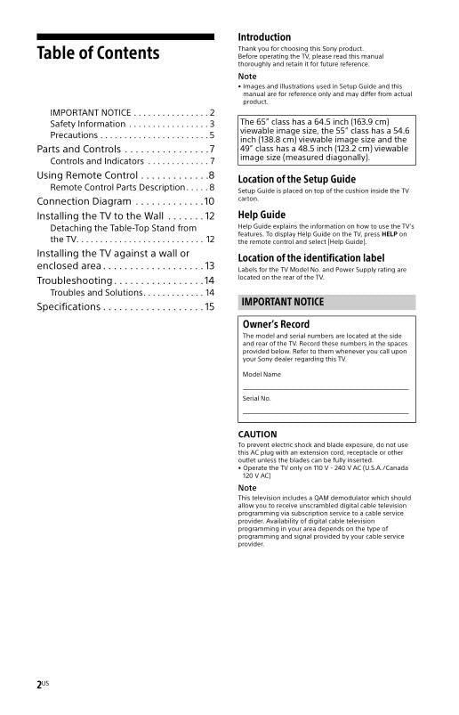 Sony XBR55X700D TV Operating Manual