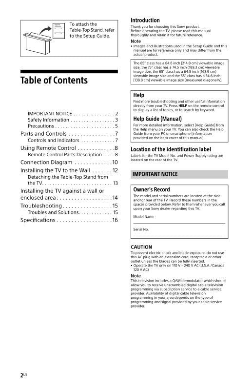 Sony XBR65X950GOM TV Operating Manual