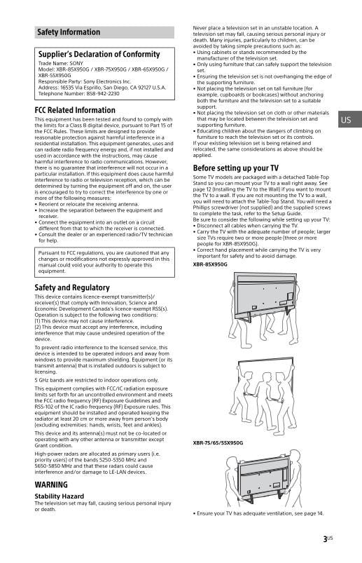 Sony XBR65X950GOM TV Operating Manual