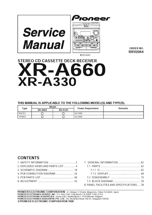 Pioneer XR-A330 & XR-A660 CD Cassette Deck Receiver Service Manual (Pages: 82)