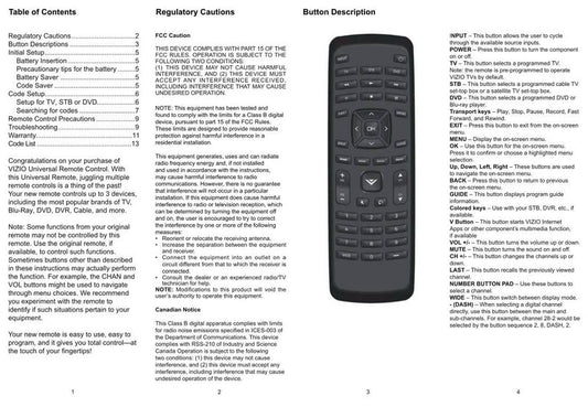 Vizio XRU110OM Universal Remote Control Operating Manual