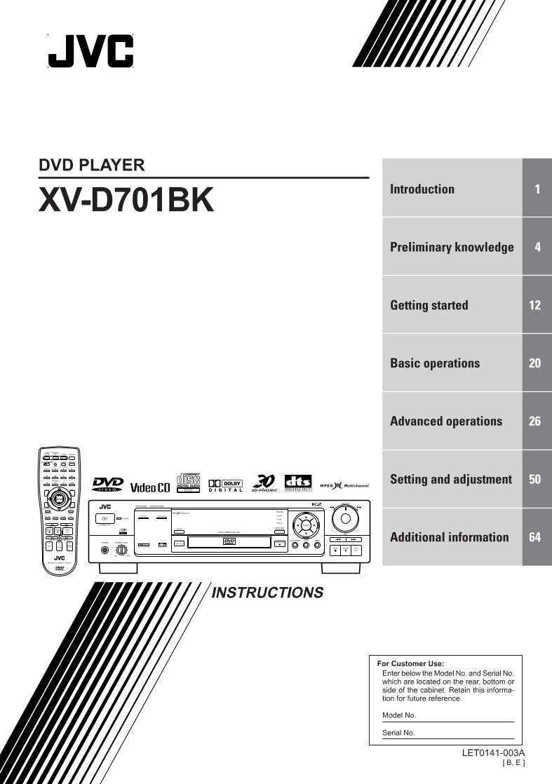 JVC XDVD701B XV501 XV501BK DVD Player Operating Manual