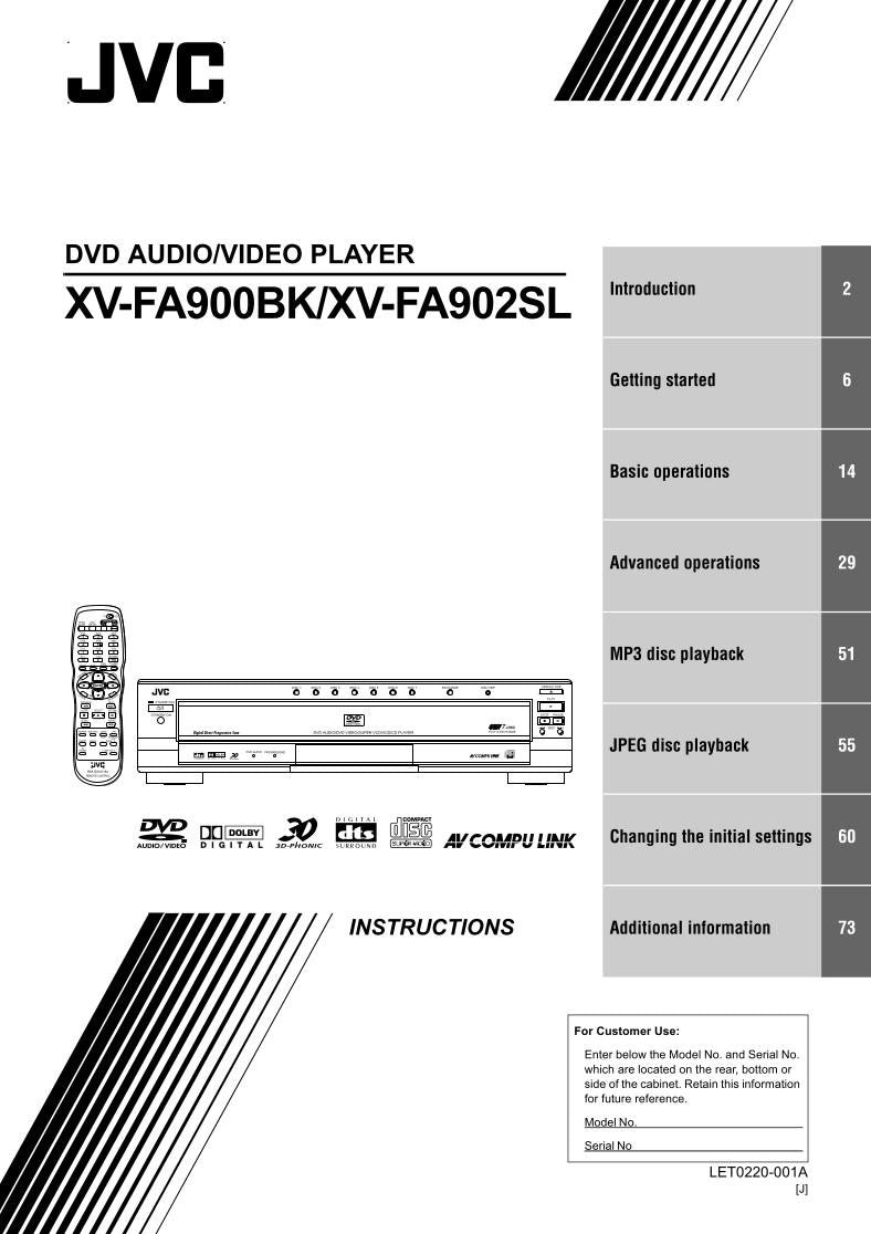 JVC XVFA900BK XVFA902BK DVD Player Operating Manual