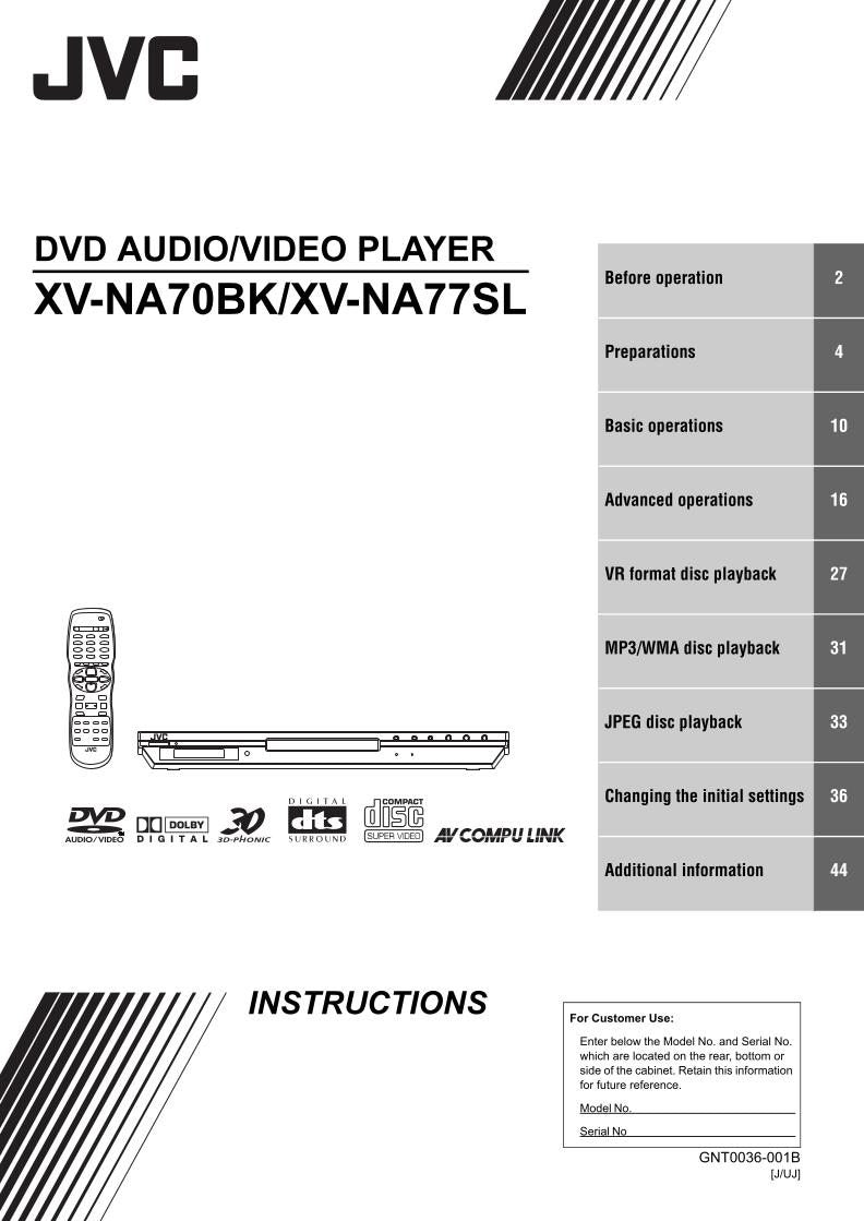 JVC XVNA70BK XVNA77SL DVD Player Operating Manual