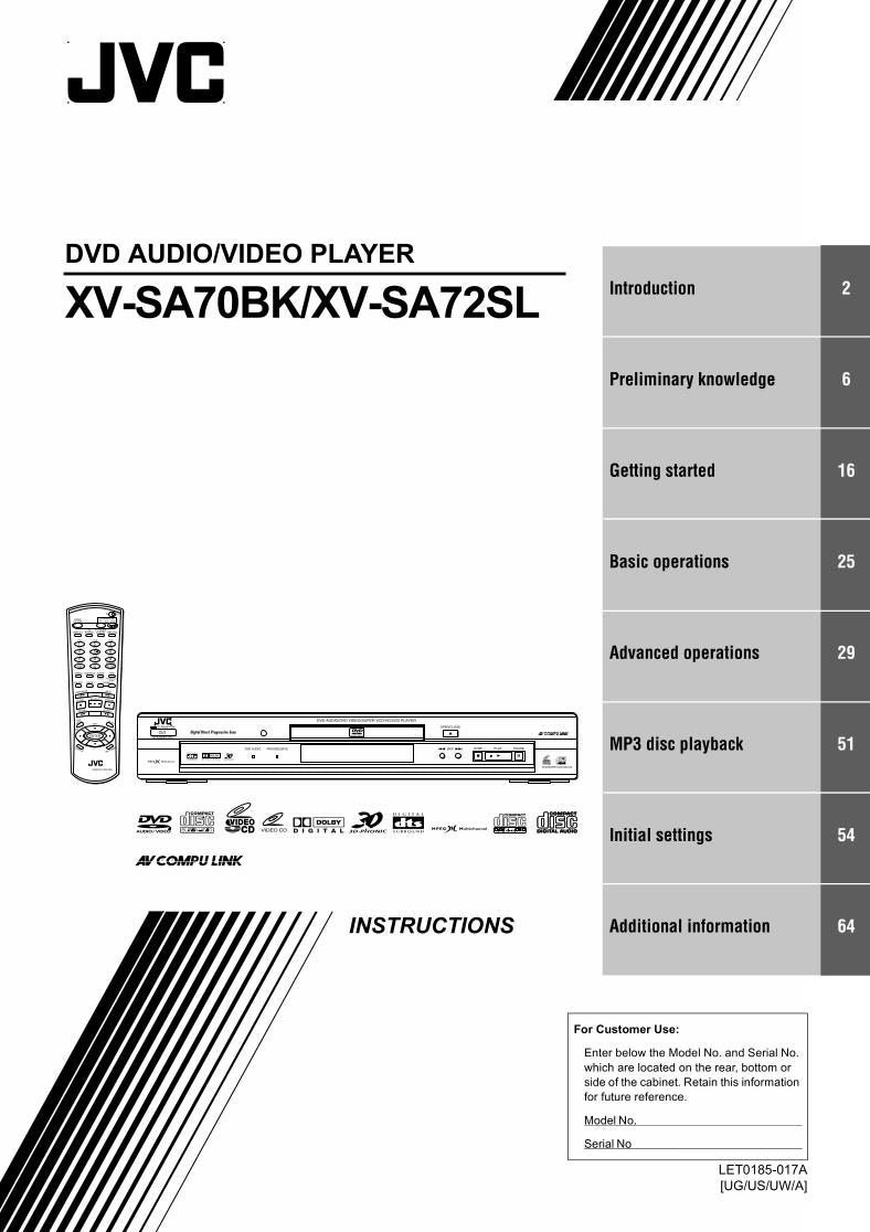 JVC XVSA70BK XVSA70E XVSA72SL DVD Player Operating Manual