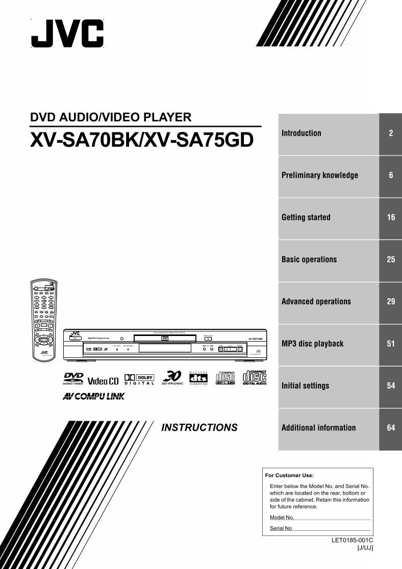 JVC XVSA70BK XVSA70E XVSA72SL DVD Player Operating Manual