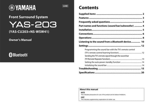 Yamaha NSWSW41 YAS203 YAS203BL Sound Bar System Operating Manual