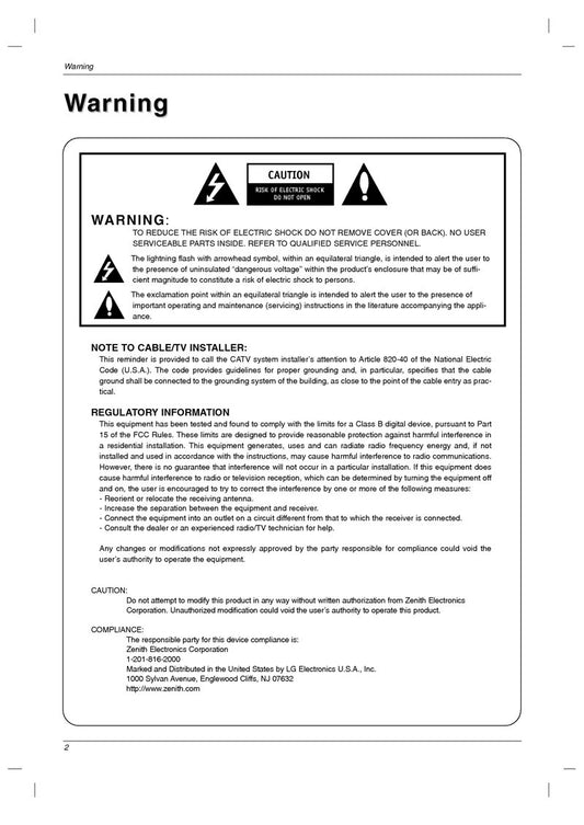 Zenith Z23LZ5R Z26LZ5R Z32LZ5R TV Operating Manual