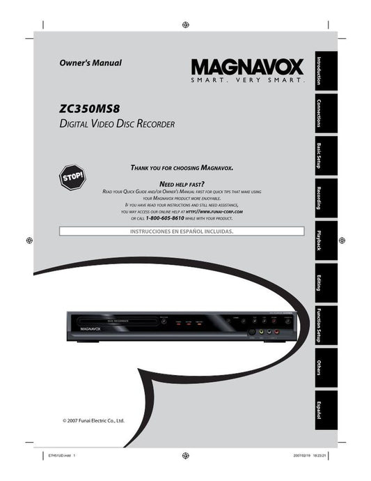 Magnavox ZC350 MS 8 DVD Recorder (DVDR) Operating Manual