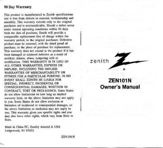 Zenith ZEN101NOM Universal Remote Control Operating Manual