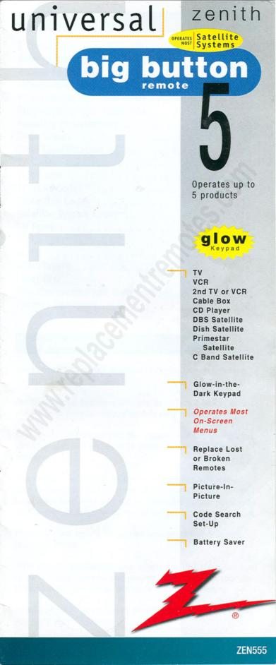 Zenith ZEN555A Universal Remote Control Operating Manual – Manuali