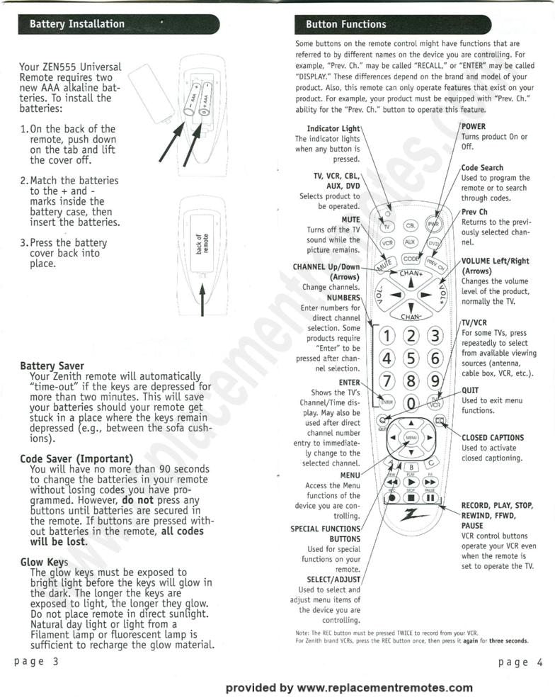 Zenith ZEN555A Universal Remote Control Operating Manual