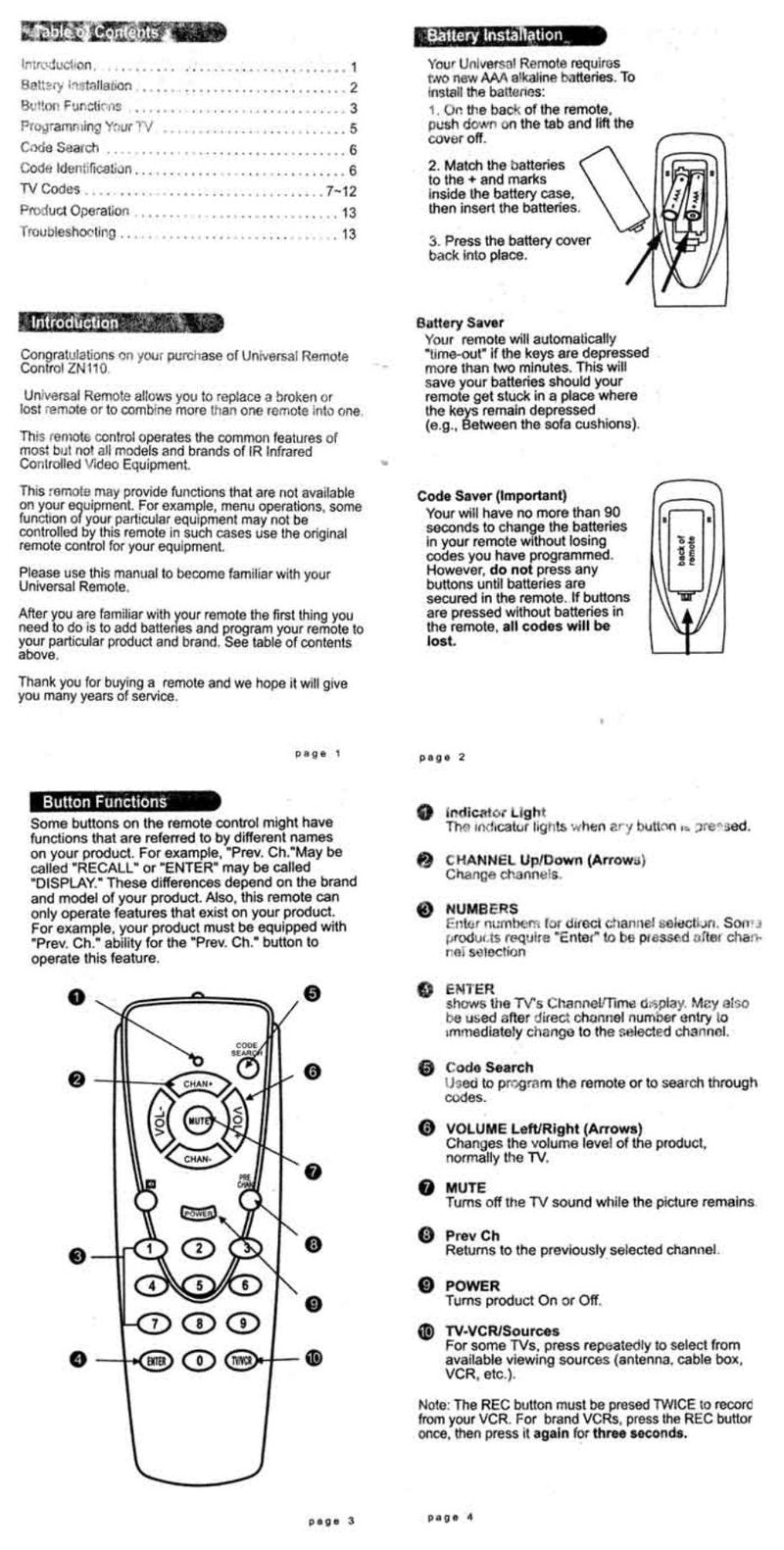 Zenith ZNA110 Operating Manual  Codes TV Operating Manual