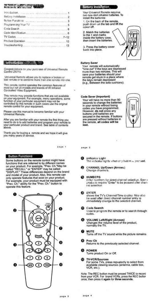 Zenith ZNA110 Operating Manual  Codes TV Operating Manual