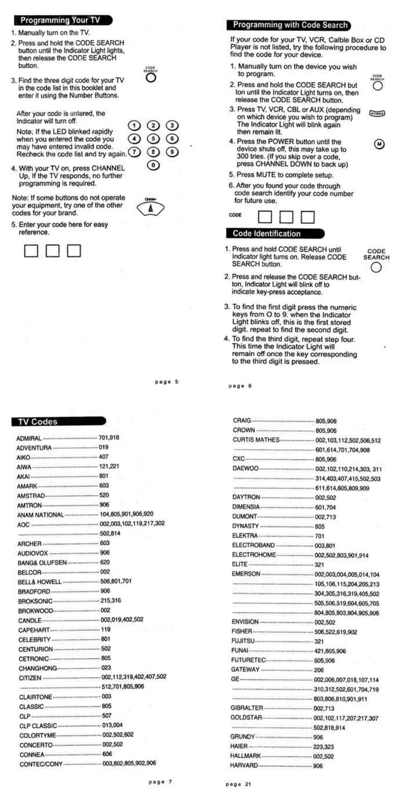 Zenith ZNA110 Operating Manual  Codes TV Operating Manual