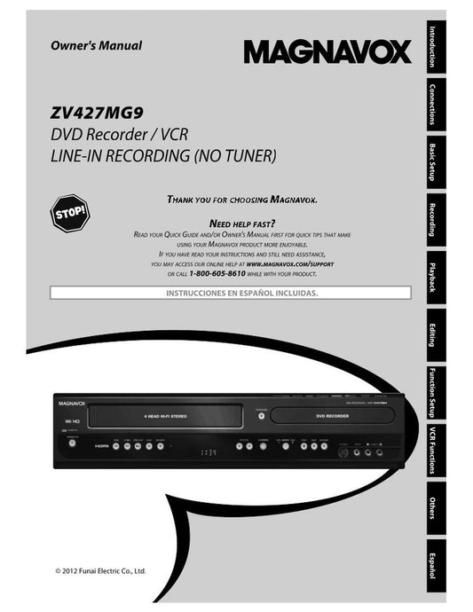 Magnavox ZV427 MG 9A DVD/VCR Combo Player Operating Manual