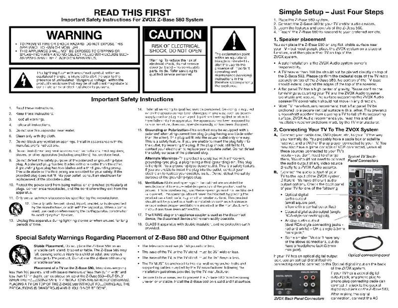 Zvox Legacy SoundBase  580 Sound Bar System Operating Manual