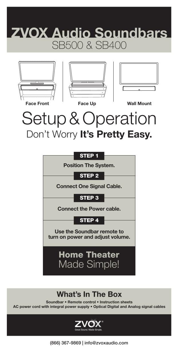 Zvox SoundBar SB400 SoundBar SB500 Sound Bar System Operating Manual