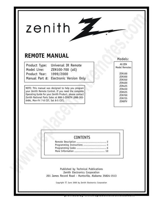 Zenith ZEN100 CODESOM Universal Remote Control Operating Manual