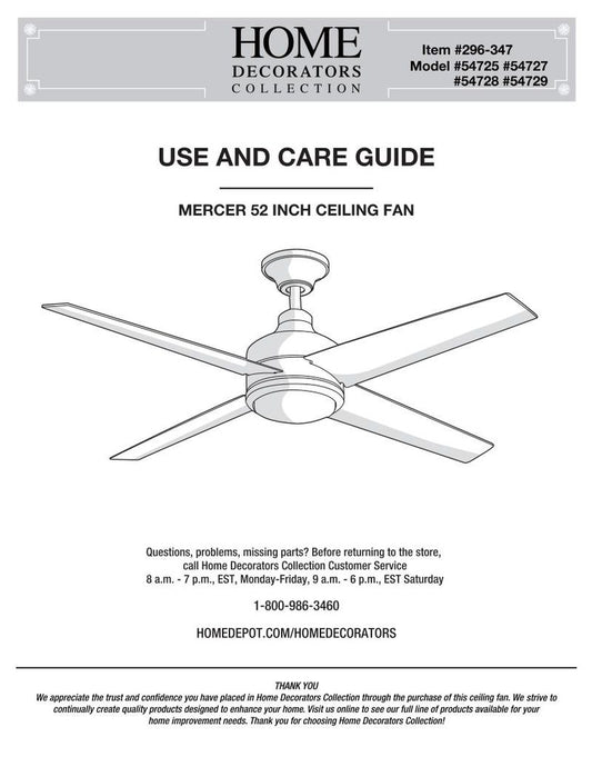 Hampton Bay 14925 Mercer 52in Brushed Nickel Ceiling Fan OM Ceiling Fan Operating Manual