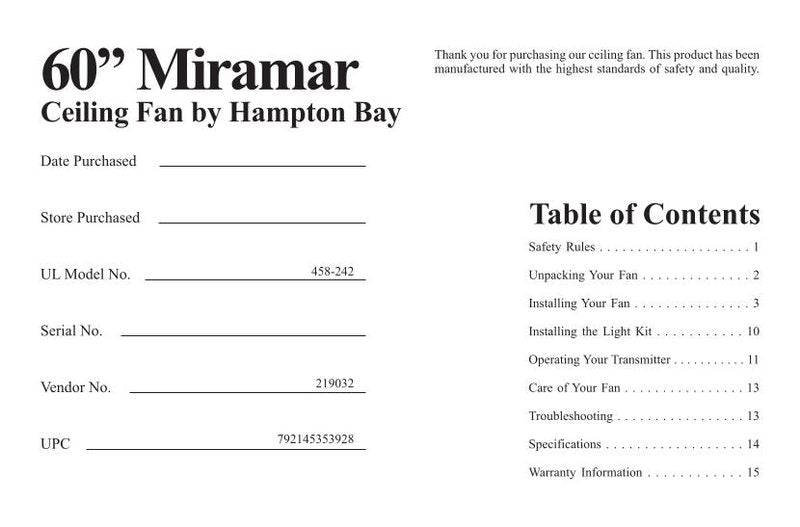 Hampton Bay AC374 Miramar 60 Inch Ceiling Fan Ceiling Fan Operating Manual