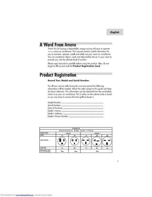 Amana ACEX186E Air Conditioner Unit Operating Manual