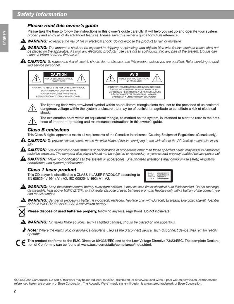 Bose Acoustic Wave II CD Changer Audio System Operating Manual