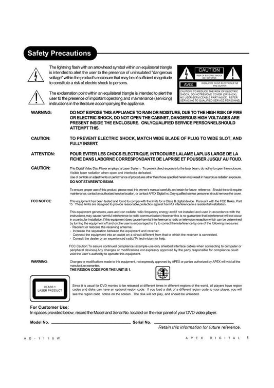 Apex AD1110 DVD Player Operating Manual