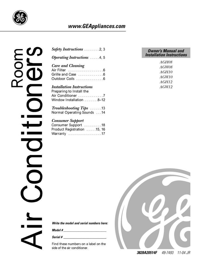 GE General Electric AGH08 AHG1 Air Conditioner Unit Operating Manual