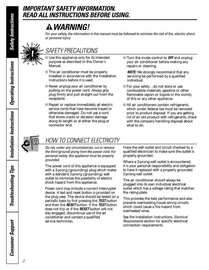 GE General Electric AGH08AHG1 Air Conditioner Unit Operating Manual