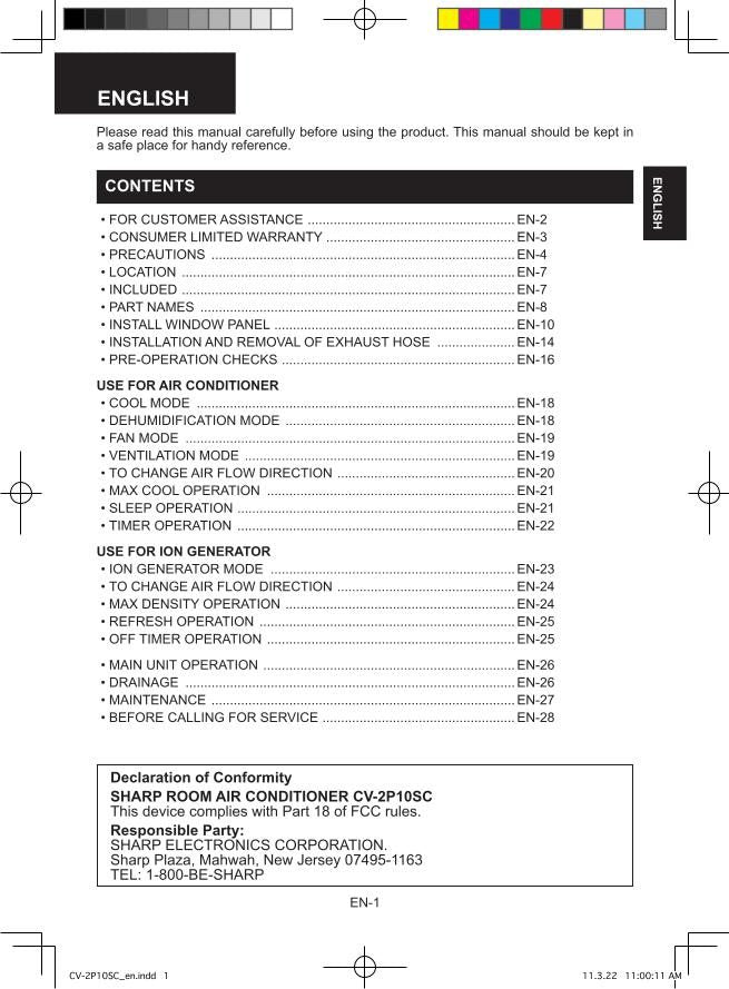 Sharp CV2P10SC Air Conditioner Unit Operating Manual