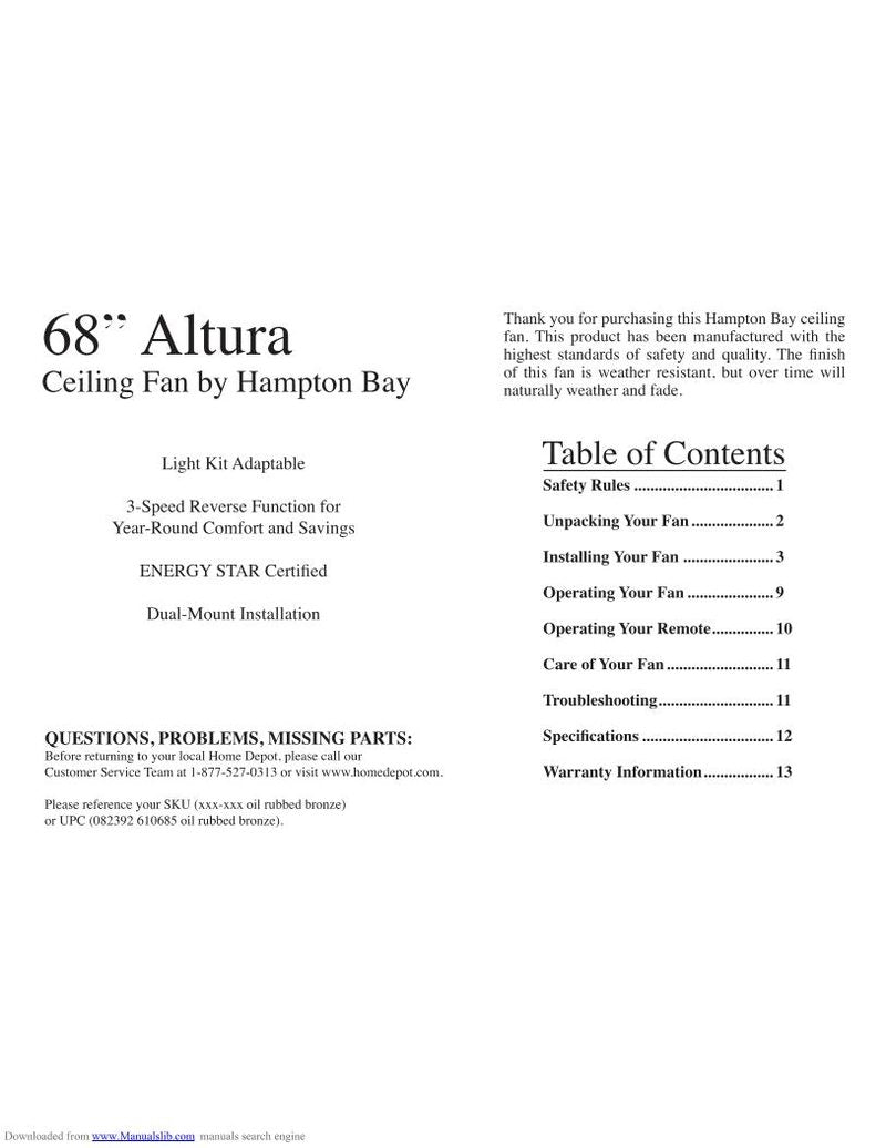 Hampton Bay 56 IN CHALTURA Ceiling Fan Operating Manual