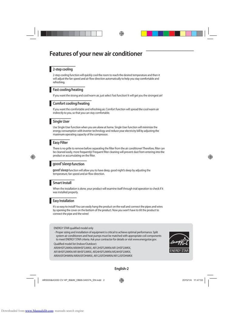 Samsung AR12JSFDHWKN Air Conditioner Unit Operating Manual