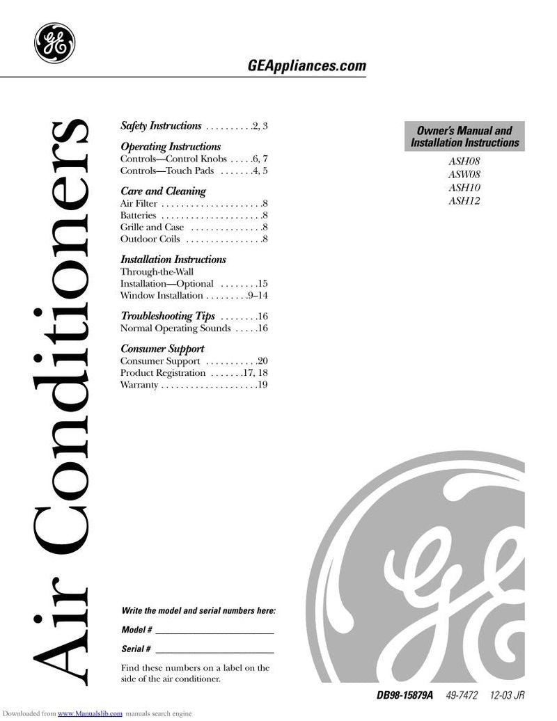 GE General Electric ASH10 AAS1 Air Conditioner Unit Operating Manual