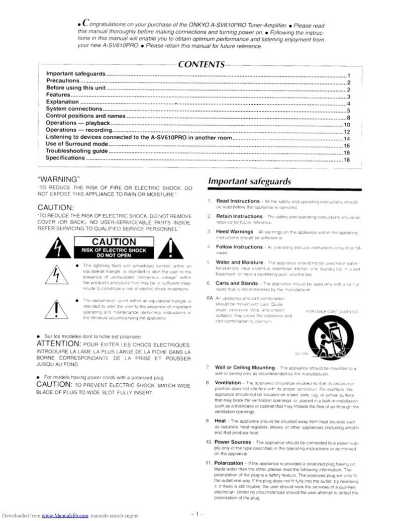 Onkyo ASV610PRO Audio/Video Receiver Operating Manual