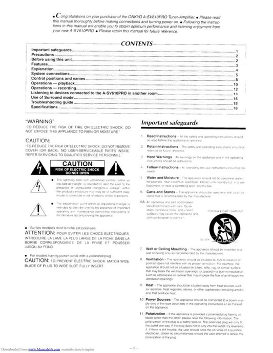 Onkyo ASV610PRO Audio/Video Receiver Operating Manual