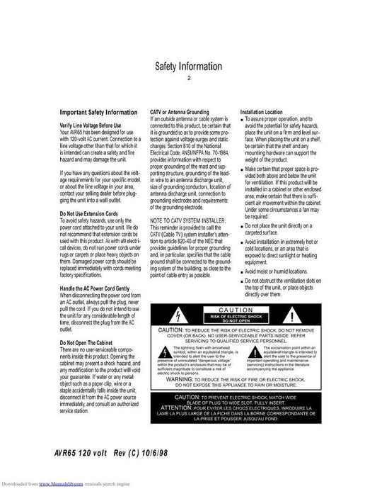 Denon AVR65 Audio/Video Receiver Operating Manual