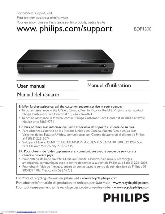 Philips BDP1300/F7 Blu-Ray DVD Player Operating Manual