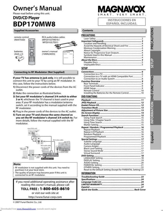 Magnavox BDP170 MW 8 DVD Player Operating Manual