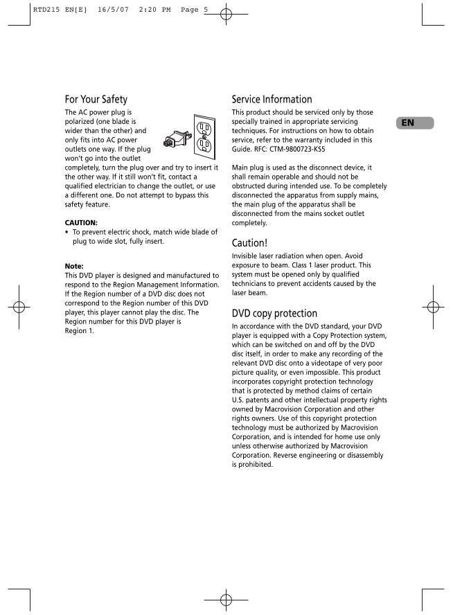 RCA RTD215RV Home Theater System Operating Manual