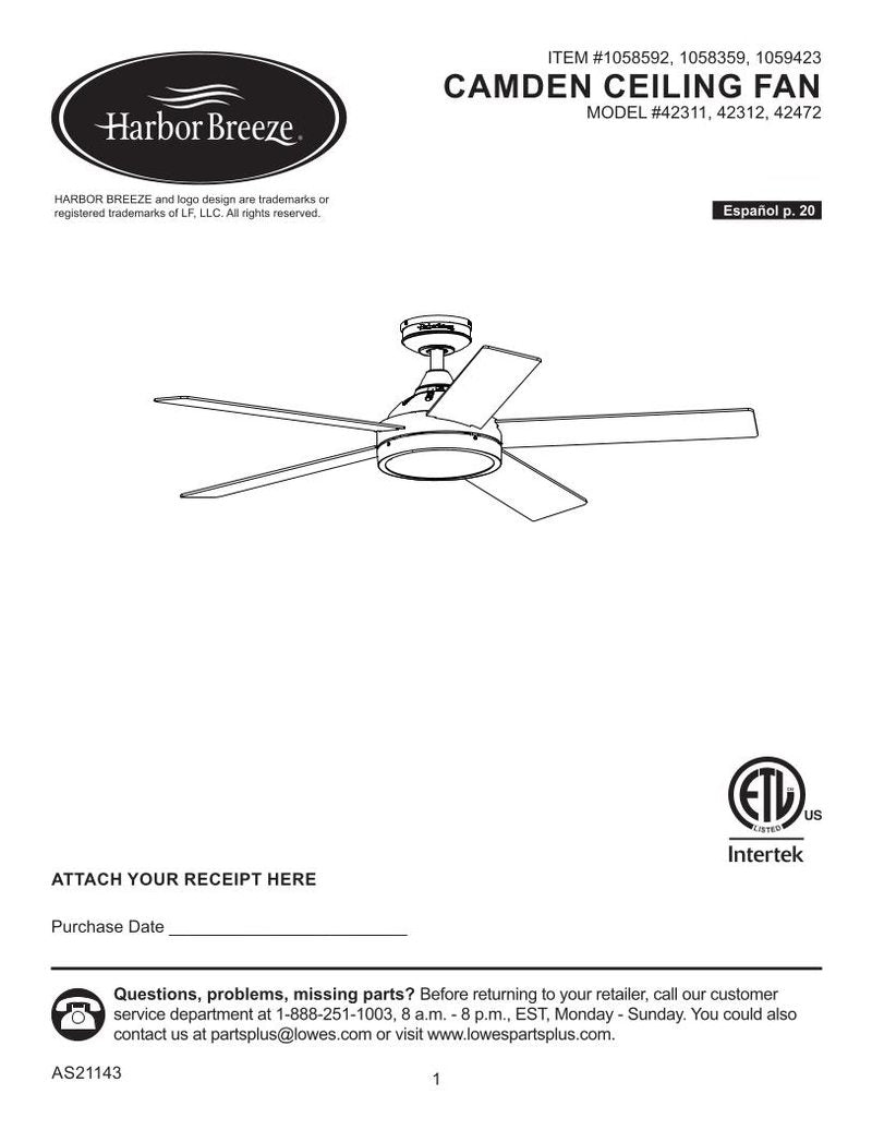 Harbor Breeze Camden 52 Inch 42472 42311 42312 Ceiling Fan Operating Manual